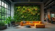 A well-lit modern office with a stunning green living wall filled with lush perennial plants