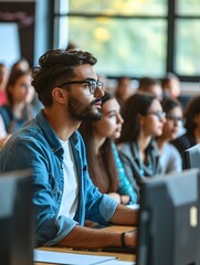 Experienced Educator Presenting on Software Development to Multicultural College Students Using Computers at Desks.