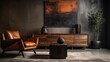Leather chair near rustic wooden coffee table against black cabinet and decorative stucco poster. Japanese style home interior design of modern living room