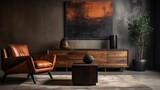 Fototapeta  - Leather chair near rustic wooden coffee table against black cabinet and decorative stucco poster. Japanese style home interior design of modern living room