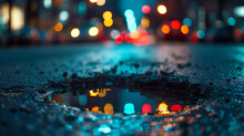 Urban Decay And City Life: Close-Up Of Pothole On Busy Street With Twilight City Lights In Background - Street Maintenance And Urban Infrastructur