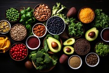 Nutrient-packed foods - fruits, vegetables, seeds, superfoods, cereals, and greens on wooden background