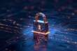 A digital padlock on a dark blue backdrop symbolizes robust cyber security, emphasizing fraud prevention and the safeguarding of private data networks.