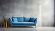 © Usman - Blue sofa against concrete wall. Scandinavian loft home interior design of modern living room in minimalist studio apartment