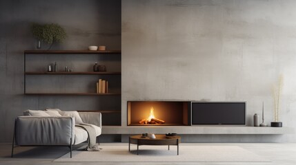 Grey sofa and lounge chair by fireplace. Scandinavian, hygge home interior design of modern living room