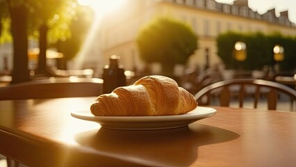 Coffee and croissant on a table in a summer cafe in the middle of the street --ar 16:9