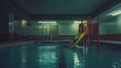 1989, photorealistic, old 90s swimmingpool, scary atmosphere, playground, dimly lit, cozy carpet, dark atmosphere, in the style of marco_t1d_liminal, minimalistic,photographed by sean tucker   