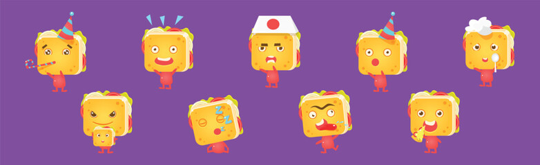 Wall Mural - Cute Sandwich Character with Face Emotion Vector Set