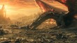 Cinematic, photo capturing the poignant moment of a dragon's demise in a medieval setting. The dragon, once majestic and powerful, is now lying defeated on a rugged battlefield,