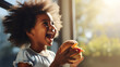 happy smiling joyful young girl with radiant smile enjoying burger in sunlit room, epitomizing simple childhood pleasures, childs delight in a bite, home fastfood