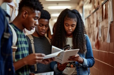 Academic collaboration as black high school classmates, with concentrated expressions, go through lecture notes together in a hallway, creating a conducive study environment