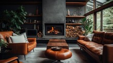 Brown Leather Chairs And Grey Sofa In Room With Fireplace. Mid - Century Style Home Interior Design Of Modern Living Room