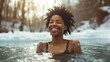 Smiling middle-aged black woman in a winter cold pond