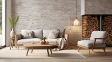 Cozy Loveseat Sofa Near Round Accent Coffee Table. Scandinavian Home Interior Design Of Modern Living Room In Farmhouse