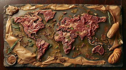 Wall Mural - World map made of meat. All continents of the food world