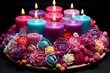 Colorful candles and flowers on black background with space for text.