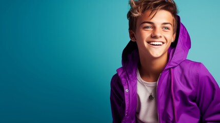 Wall Mural - Grinning teenager in purple on turquoise with copy space