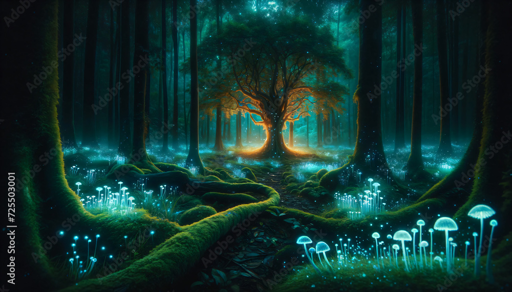 mystical forest clearing at night, lit by bioluminescent mushrooms and ...