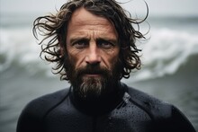 Portrait Of A Man With Wet Hair And Beard In Wetsuit