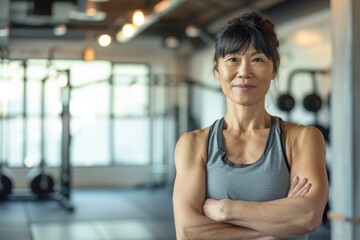 Poster - smiling senior woman with arms crossed in a gym