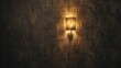 A solitary wall sconce glows warmly against a dark, rustic textured wall, creating an atmospheric and moody lighting effect.