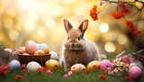 Fototapeta Panele - easter bunny and easter eggs in grass during spring time. Colourfully decorated easter eggs in sunshine for the celebration of Easter. Easter bunny and his eggs background
