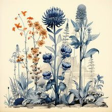 Blossoming Botanical Beauty: A Vintage Floral Illustration Of A Botany Engraving Showcasing A Beautifully Drawn Thistle, Cornflower, And Aster In A Meadow.