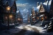 Winter village at night with wooden houses and snowdrifts, 3d illustration