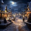 Winter night in a snowy village. Illustration for your design.