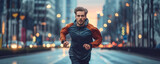 Fototapeta Sport - Man in sportswear running in the city in the earlier morning. Healthy lifestyle concept.