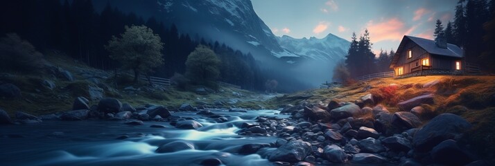 Canvas Print - Old romantic illuminated wooden cabin in the mountains by a wild stream torrent at dusk