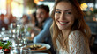Radiant Woman Dining with Friends, young woman with a beaming smile enjoys a social meal with friends in a cozy restaurant setting