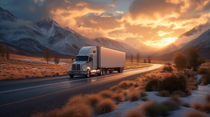 Poster - a truck drives down the road at sunset. Generative AI