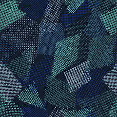 Wall Mural - Seamless blue camouflage pattern with random scattered overlapping tulle pieces, patches. Mesh structure. Random composition. For apparel, fabric, textile, sport goods Grunge texture. Not AI