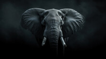Black And White Portrait Of An Elephant On Dark Background