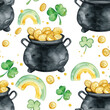 St. Patrick's Day Watercolor Seamless Pattern. Pots of gold, rainbows, and clovers on white background.