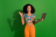 Photo Of Young And Inexperienced Marketing Specialist Girl With Chevelure Holding Netbook Interview Isolated On Green Color Background