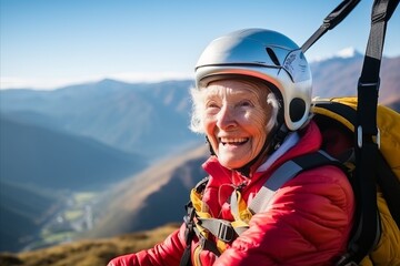 Canvas Print - Portrait of senior woman with mountain bike helmet on top of mountain