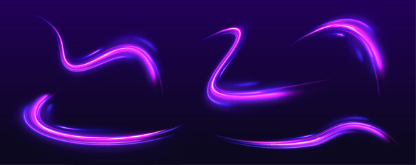 Poster - Abstract energy in the form of stripe, arc, curl and zigzag in neon colors with light effect. и Acceleration speed motion on night road. Bright sparkling background.	
