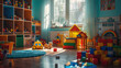 a vibrant playroom wonderland with showcasing an abundance of colorful toys, blocks, and other playful items. for conveying the joy and creativity of childhood, a lively and interactive kid's space