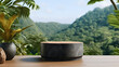 Photo realistic Rock podium in tropical forest for product presentation Behind is a view of the sky