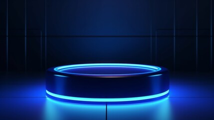 Wall Mural - Dynamic futuristic 3d blue cylinder podium in sci-fi dark blue abstract room with glowing semi-circle neon lights - vector rendering
