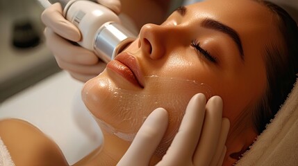 Wall Mural - Close-up of a facial skincare procedure with a machine on a woman's face.