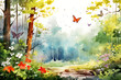 Beautiful summer forest landscape. Watercolor painting. Vector illustration.