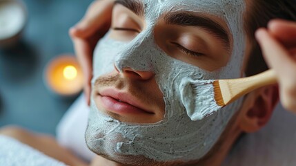 Wall Mural - Close-up of a facial mask application with a brush on a man's face.