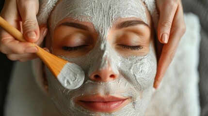 Wall Mural - Beautician applying a facial mask to a relaxed woman's face.