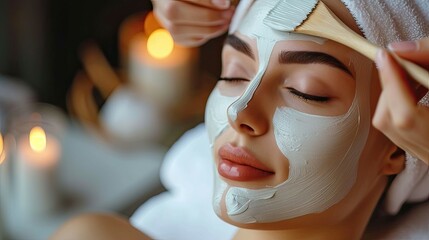 Wall Mural - Beautician applying a facial mask to a woman's face in a spa with warm lighting.