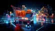 3d rendering of a shopping cart with a city on the background