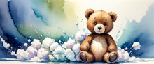 A Fluffy Teddy Bear Sits Alone With Cotton Flowers In The Background. Smeared Ink. Illustration In Watercolor Style.