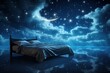 Comfortable bedding or healthy sleeping concept of flying cozy bed on background of amazing night sky